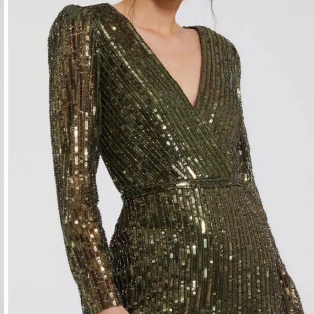 Mac Duggal Sequin & Mesh Metallic Mini Dress 14 L XL Deep V Plunge Long Sleeve - Picture 9 of 13